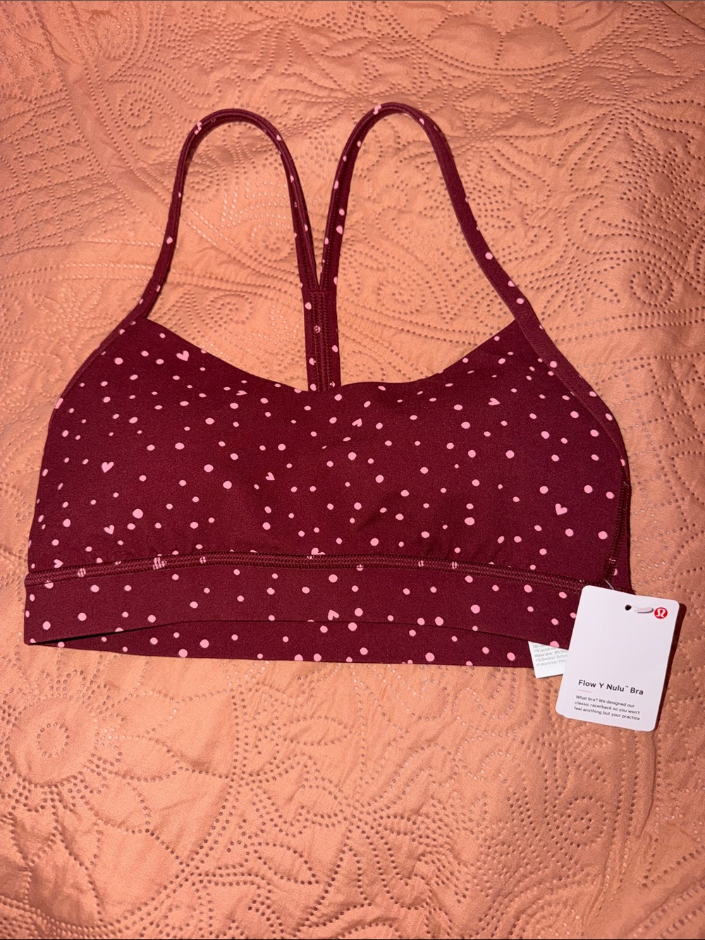 lululemon athletica Wine and Pink Polka Heart Flow Y Nulu Bra